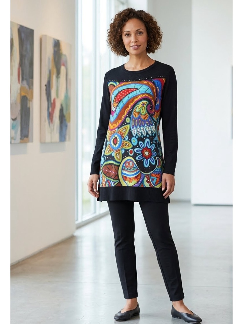 Simply Art by Dolcezza Black Long Sleeve Art to Wear Tunic Size L Contemporary